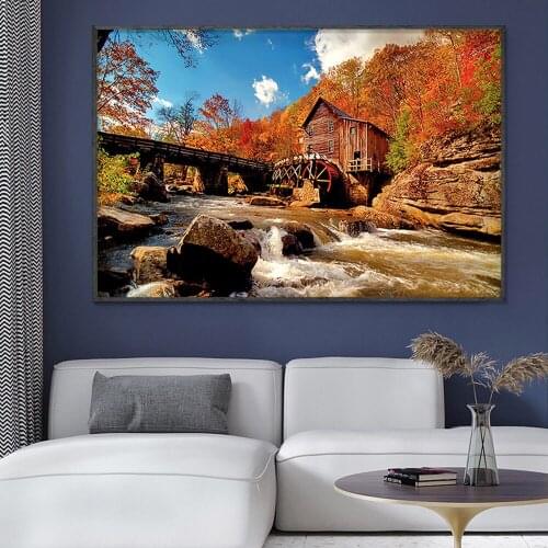SP019 Silk Cloth Wall Poster Autumn Old Grist Mill Art Home Decoration Gift