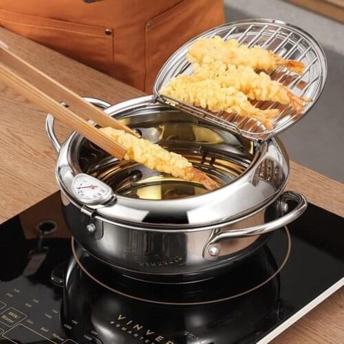 20/24CM Japanese Style Fry Pan With Thermometer And Lid 304 Food Grade Stainless Steel Home Kitchen Tools Tempura Frying Pan