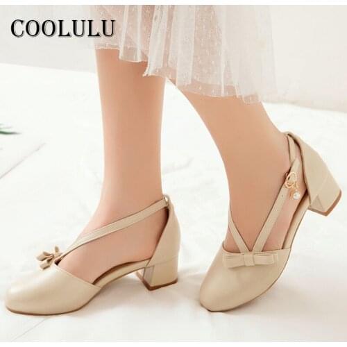 COOLULU 2021 Spring Pumps Med Heel Shoes Women Round Toe Chunky Heels Bow Buckle Strap Ladies Footwear Dress Beige Plus Size 48