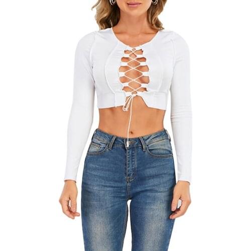 Crop Top Patchwork Bandage Women Hollow Long Sleeve Crop Top for Spring Autumn Girls Blouse Tight Blouse Sexy Shirt Crop Top