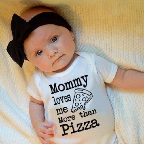 Funny Newborn Cottton Romper Mommy Loves Me More Than Pizza Print Infant Baby Boy Girl Short Sleeve Onesie Toddler Cute Jumpsuit