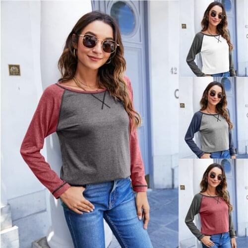 2021 new womens shirts Europe and America color matching cross loose round neck long sleeve casual T-shirt women