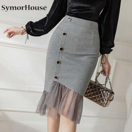 Womens Korean Pencil Skirt Fashion Elegant High Waist Mesh Patchwork Black Skirt Office Ladies Sexy Plus Size Red Skirt Jupe