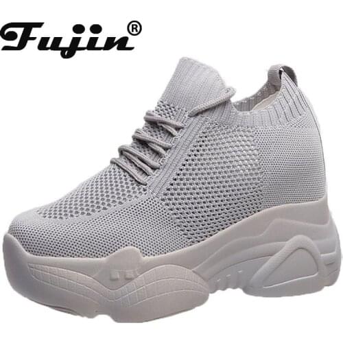 Fujin 2021 Sock Boots Platform Wedge Chunky Heel Shoes Increased Heel Sock Breathable Air Mesh Women Summer Shoes Boots
