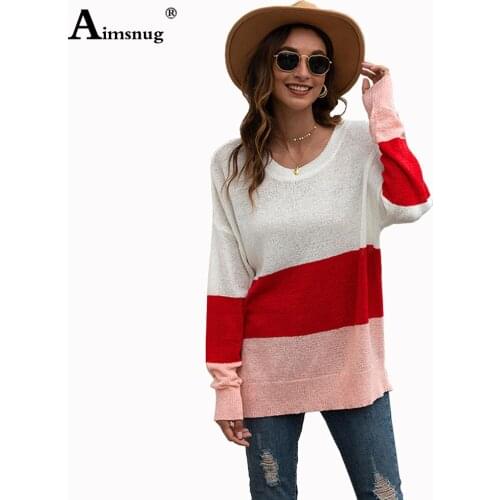 2020 Knitted Sweater Ladies Elegant Patchwork Colors Long Sleeve Round Neck Sweater Summer Autumn Casual Women Sweater Pullovers