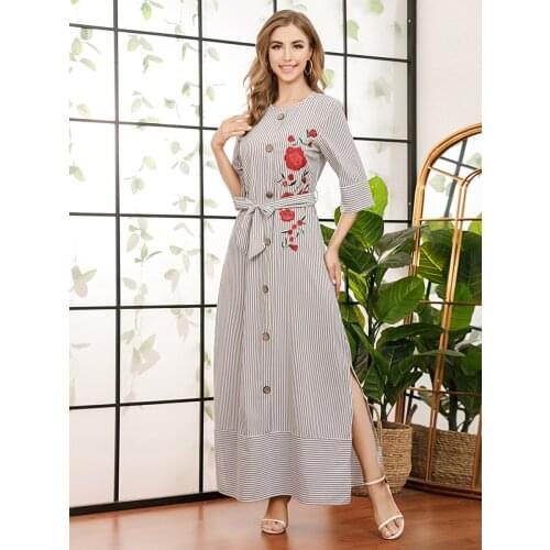 Aligaia Striped Embroidery Lace Dress For Women Muslim Hijab Dress Dubai Turkey Islam Vestidos Robe Longue Femme Kaftan Oman