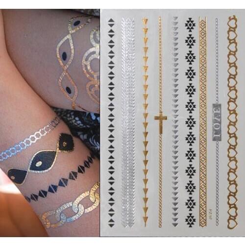 Hot Fashion 1 Sheet Temporary Metallic Tattoo Gold Silver Black Flash Tattoos Fake Bracelet Tatoo For Women