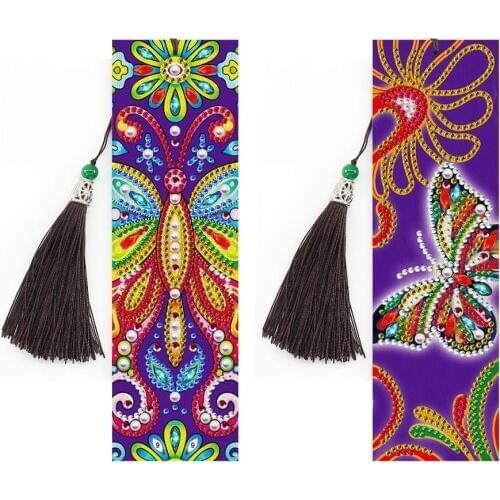 2Pcs/set 5D DIY Diamond Painting Leather Bookmark Tassel Book Marks Special Shaped Butterfly Diamond Embroidery DIY Craft