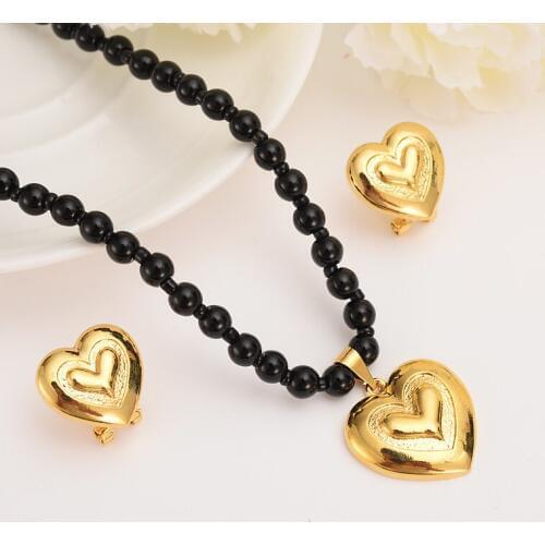 Bangrui Romantic Heart Pendant Necklace chain Earrings sets Jewelry Gold Color black Bead Necklaces Sets for Women wedding gift