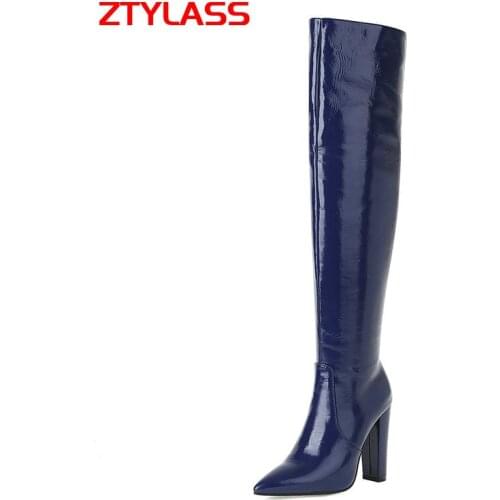Big Size 34-43 Women Boots Fashion Zipper Pointed Toe Over The Knee Boots Ladies Autumn Winter Square High Heel Knee High Boots