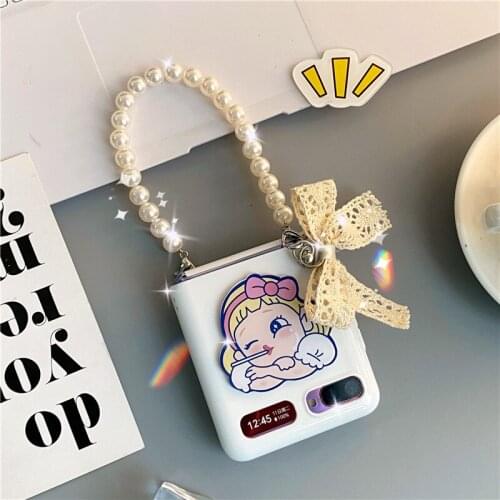 For Samsung f7070 portable pearl phone shell Z flip screen cartoon cute luxury Limited Edition f7000 female