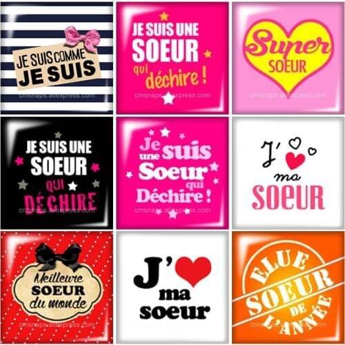 FB0331 French Je suis une soeur 10pcs mixed 12mm/20mm/25mm/30mm Square photo glass cabochon demo flat back Making findings