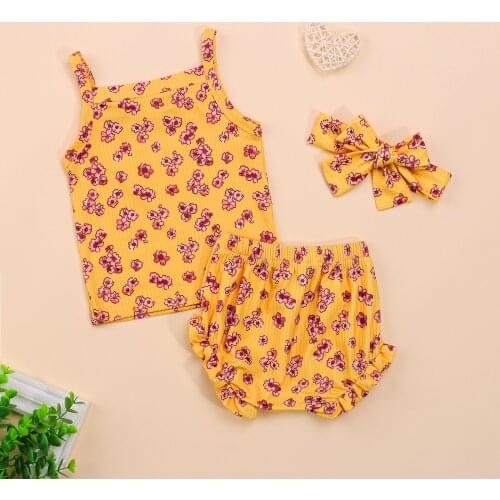 3Pcs Sweet Style Baby Girls Clothes Outfit, Summer Floral Printing Sleeveless Suspender Tops + Lace Shorts + Bow Headwear Set