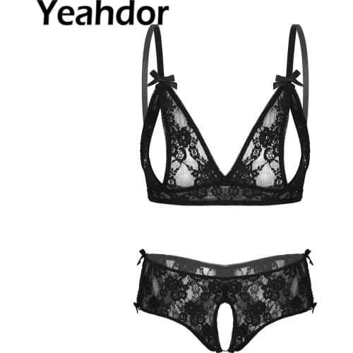 Sexy Women See Through Lingerie Set Hollow Out Underwear Non Padded Exposed Nipple Open Crotch Lace Unlined Bra Briefs Sets
