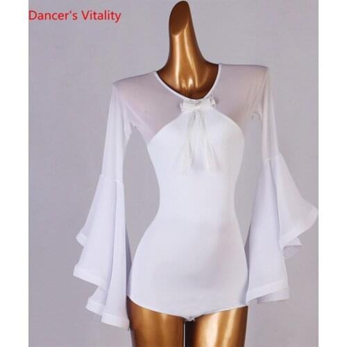 Latin Dance Body Suit Mesh Onesies Flared Sleeves Performance Clothes Profession Custom Adult Child Competition Clothing
