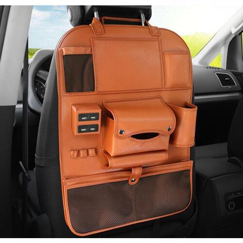 Multi-functional PU Leather Car Seat Back Storage Bag Organizer Bottle Holder with USB Charging Port