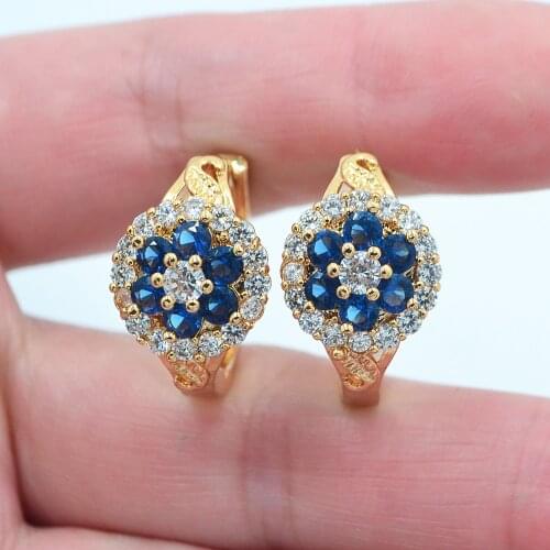 Gold Color Fashion Blue CZ Flower Huggie Hoop Earrings for Women