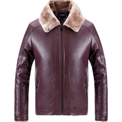Men New Winter Fur Collar Mens Jackets Fleece Leather Jackets Men Casual Warm Outerwear Zipper PU Motorcycle Jacket