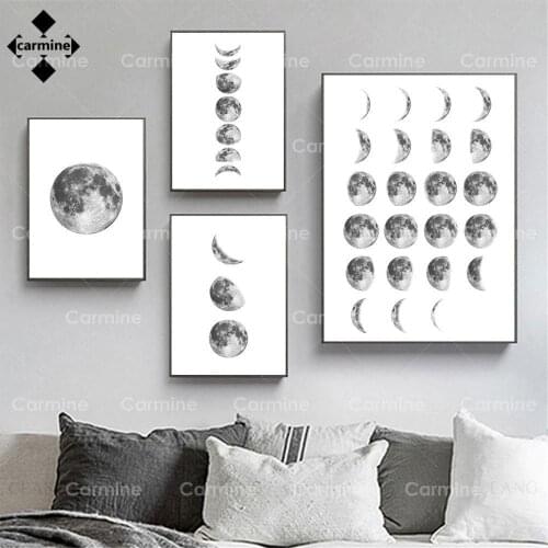 Moon Phases Wall Art Painting Grey Modern Print Poster Minimalist Black White Poster Nordic Decorative Picture for Bedroom Decor