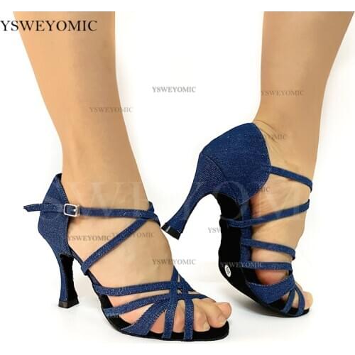 Newest Style Women Dance Shoes Thicker Insole Denim Upper Material Fashion Bachata Ballroom Latin Salsa Dance Shoes 9cm Cuban