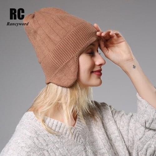 Causal Winter Knitted Hats For Women Fashion Keep Warm Manual Rabbit hair Knitted Earmuffs Soft Hats Girls Caps High Quality Fem