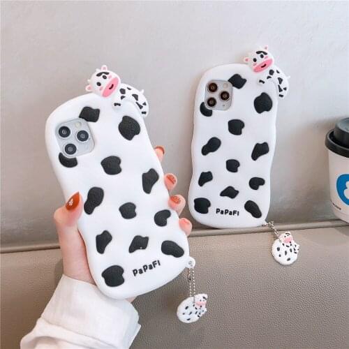 Milk Cow Soft Silicone Phone Case for iPhone 12 Pro Max 6 7 8 Plus X XR XS MAX Cartoon Cow Pendant Phone Protective Cover