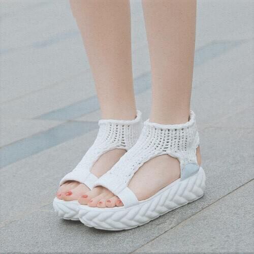 Fashion Womens Platform Sandals Knitting Wool Peep Toe White Black Ladies Shoes Gladiator Sandals Women Summer Shoes XKD4056