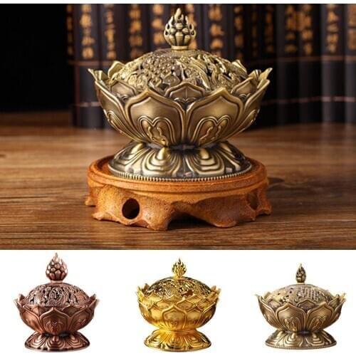 Alloy Chinese Lotus Hollow Cover HOT Lotus Incense Smoke Cone Aroma Burner Holder Stove Backflow Censer Decor-Bronze