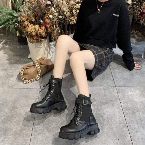 2020 Black Platform Combat Ankle Boots For Women Lace Up Buckle Strap Woman Shoes Winter Biker Boots Big Size