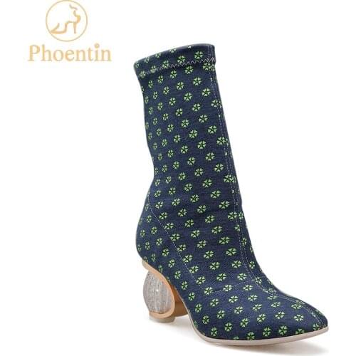 Phoentin slip on stretchable mid-calf women boots 2019 polka dot bota women crystal heels boots femininas free shipping FT481