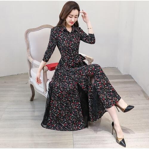 2019 Autumn New chiffon lace Dress lady elegant temperament long dress shirt collar long sleeve women print dresses