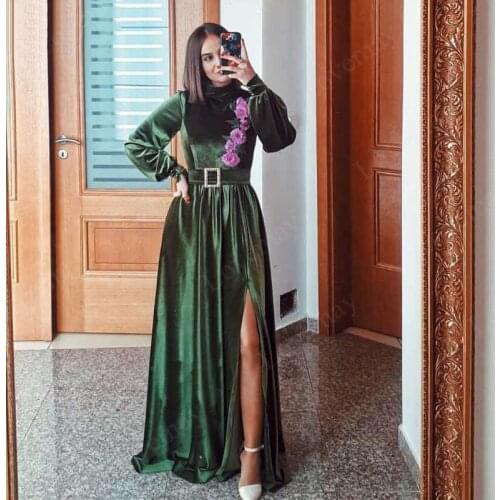 Robe De Soiree Velvet Muslim Formal Evening Dresses A-Line Long Sleeves Turkish Couture Woman Prom Dresses 2021 Gowns Party
