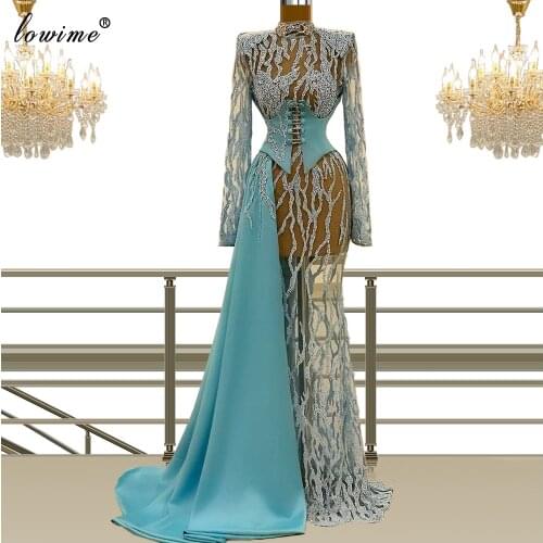Long Sleeves Sky Blue Prom Dresses Mermaid Illusion Handmade Sewing Evening Dresses For Women Dubai Celebrity Dresses Couture