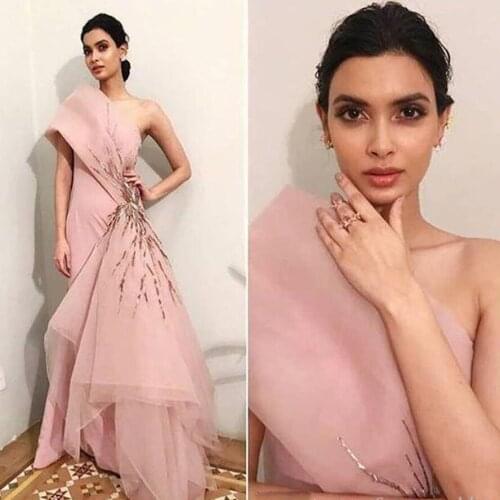Sequined Ruffles Long Prom Gowns One Shoulder Vestido Longo Abendkleider Fashion 2021 Blush Pink Mermaid Evening Dresses