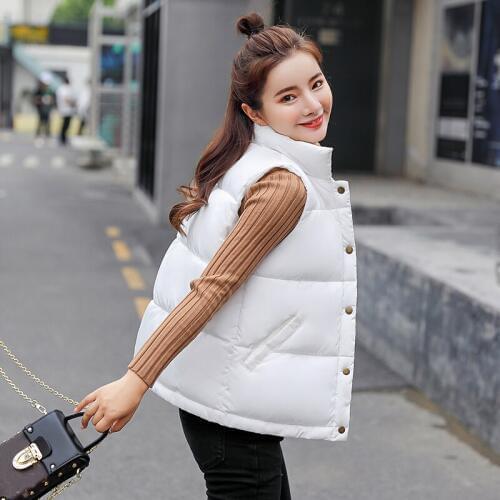 Spring Autumn Cotton Vest Women Shorts Loose Stand Collar Down Cotton Vest Coats Large Size Black Female Vest Jackets HK187