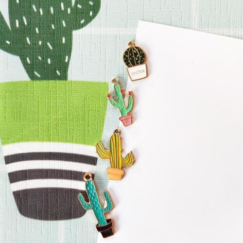 10pcs Fashion Potted Cactus Alloy Charms Pendant Plants Enamel Charm Necklace Earrings Making Dangle Jewelry DIY Materials FX128
