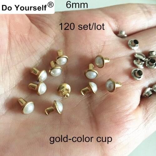 120 Sets 6mm Half Round Pearl Metal Cup Rivet Studs,White Pearl With Gold-color Metal Cup,DIY Rivet For Clothing,Shoes
