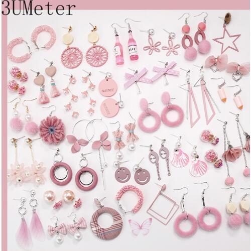 3UMeter 2019 New Pink Cute Earrings Series For Women Cute Geometric Earrings Opal Sweet Pearl Petal Stud Earrings Korean Gift