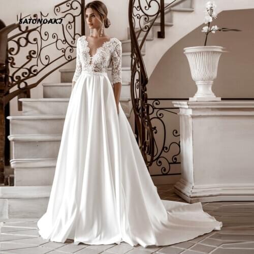 2020 Satin Boho 3/4 Sleeves Lace Wedding Dresses Back Button Bridal Gowns A-Line Beach Vestido De Novia Robe Mariee Undefined