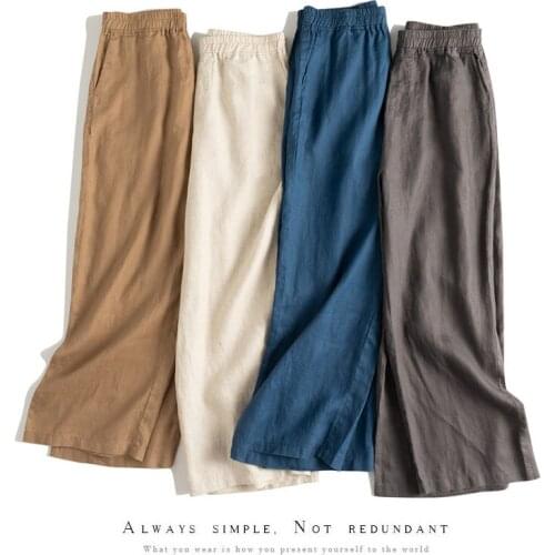 Spring Autumn Women All-match Loose Plus Size Comfortable Breathable Water Washed Linen Trousers Elastic Waist Wide Leg Pants