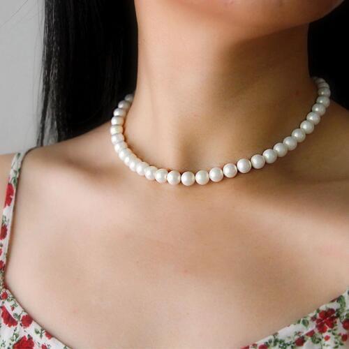 Elegant Quality Silver 925 Jewelry Classic Cream color Wedding Necklace 8mm Pearl Cream S925 Sterling Silver Chain for Women