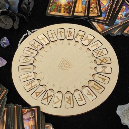 Wooden Runes Divination Engraved Board Wiccan Symbols Signs Altar Round Tile K0AB
