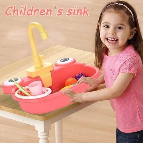 Childrens Kitchen Sink Toys Set Cute Frog Styling Electric Dishwasher with Automatic Water Cycle System for Kids ASD88