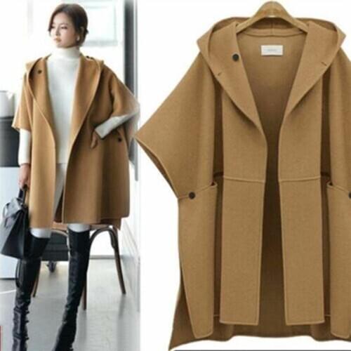 Long Poncho Jacket Parka Outwear Womens Hooded Windbreaker Cloak Woolen Coat