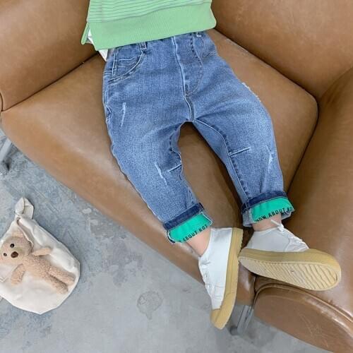 2 3 4 5 6 7 Y Toddler Boys Jeans Autumn Casual Boys Solid Straight Elastic Waist Letter Denim Pants for Child Baby Kids Trouser