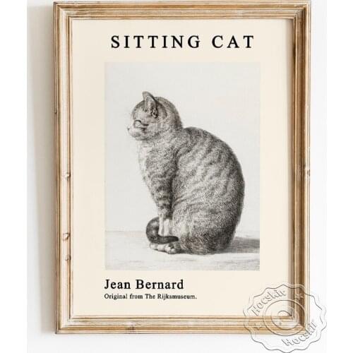 Jean Michel Bernard Exhibition Museum Poster, Sitting Cat Black White Sketch Wall Stickers, Animal Portrait Home Decor Prints