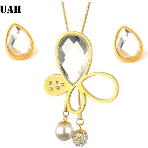 UAH Vintage Imitation Pearl necklace Gold jewelry set for women Clear Crystal Butterfly Party Gift Fashion Costume Jewelry Set