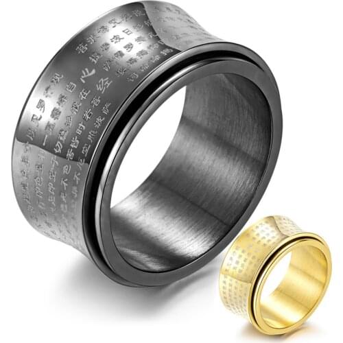 Buddhism Mantra Text Spinner Ring Punk Religious Stainless Steel Thumb Ring Black Gold Color Jewelry for Men