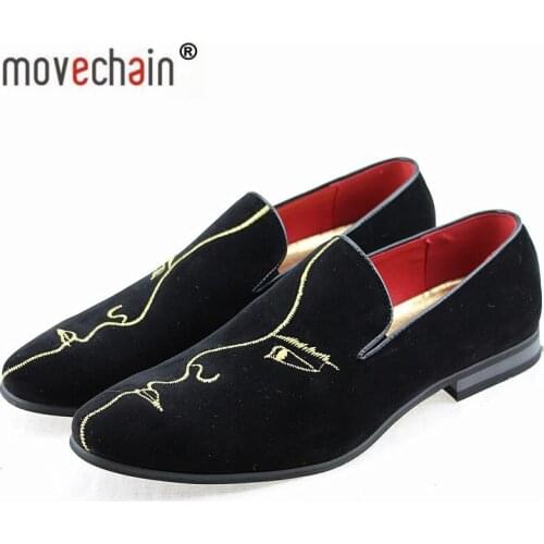 Movechain Brand Mens Fashion Suede Leather Loafers Mens Casual Rhinestone Embroidery Moccasins Oxfords Shoes Man Driving Flats