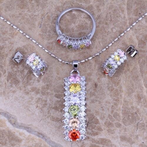 Divine Multicolor Silver Plated Jewelry Sets Earrings Pendant Ring Size 6 / 7 / 8 / 9 / 10 S0157A